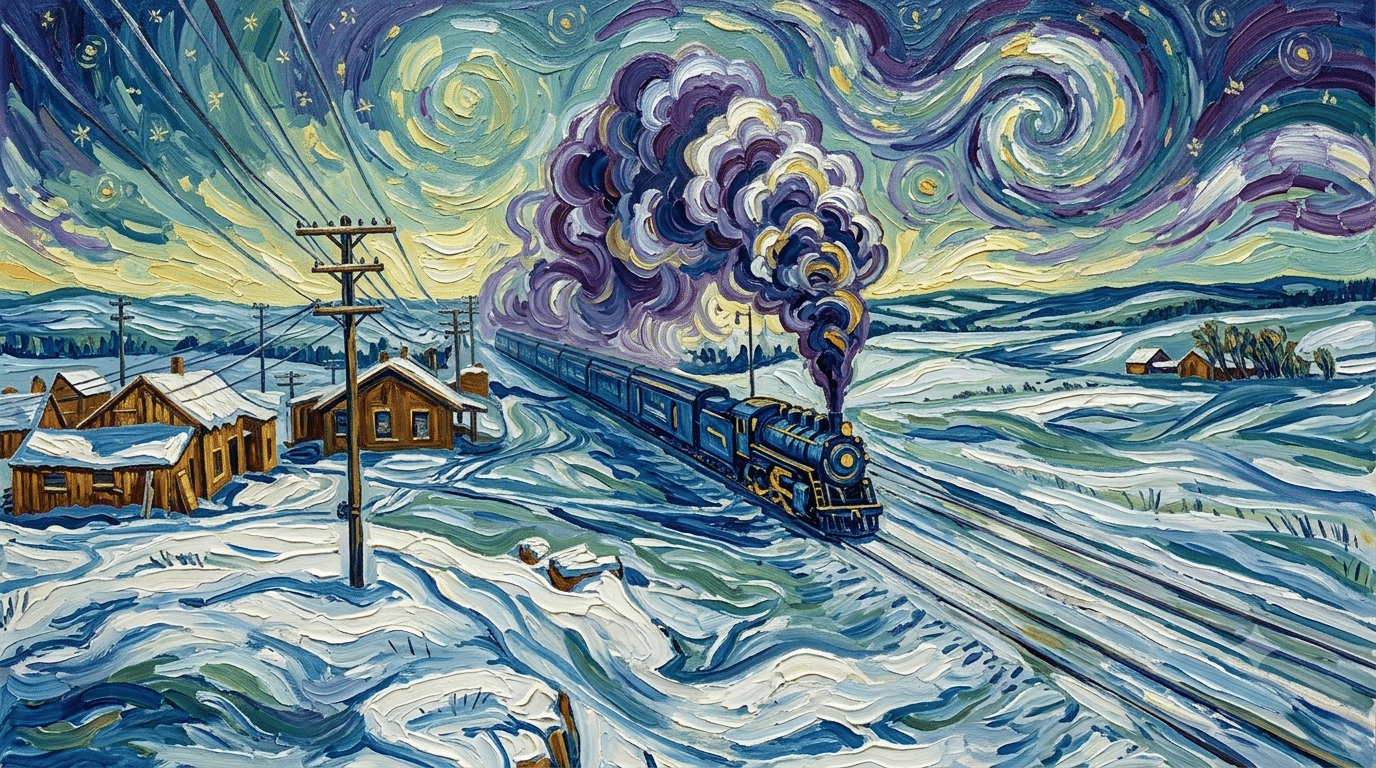 Van Gogh Tarzında Karlı Manzarada Buharlı Tren